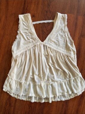 Boho Lace-Trim Cream Babydoll Tank Top